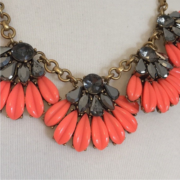 J. Crew Coral and Gold Flower Rhinestone Necklace, Statement Necklace - Picture 9 of 16